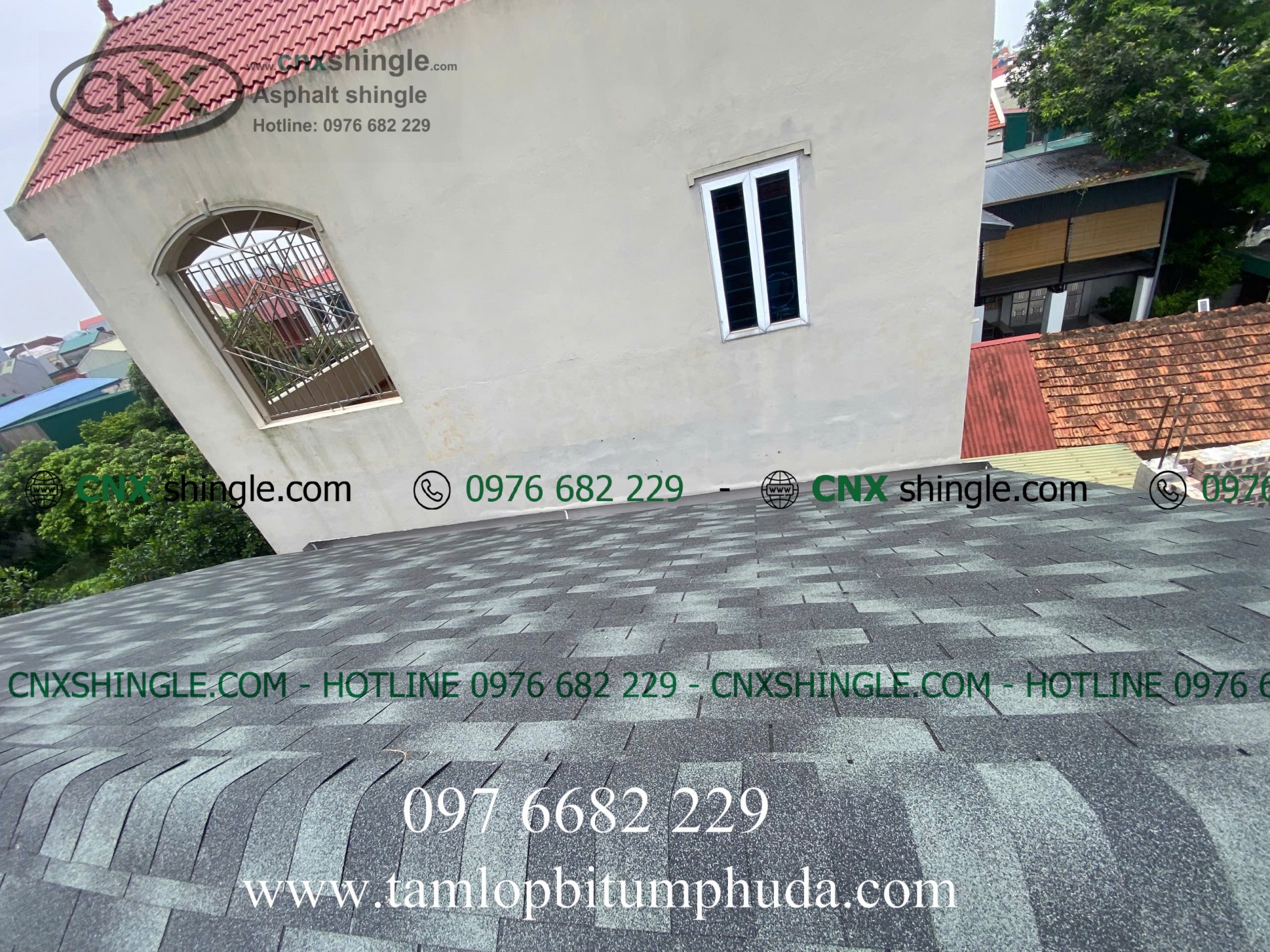 Cong trinh nha o hien dai lop ngoi bitum phu da CNX mau xám xanh 3D 3