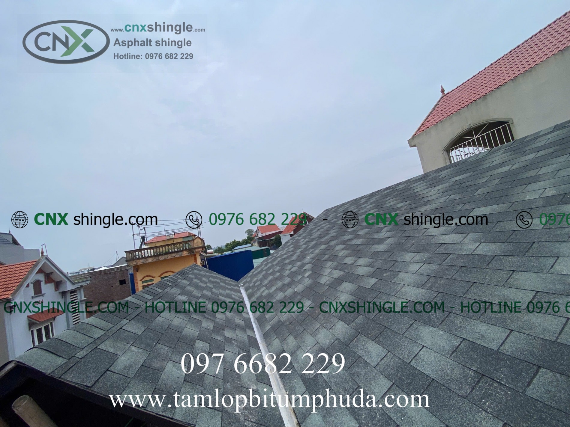 Cong trinh nha o hien dai lop ngoi bitum phu da CNX mau xám xanh 3D
